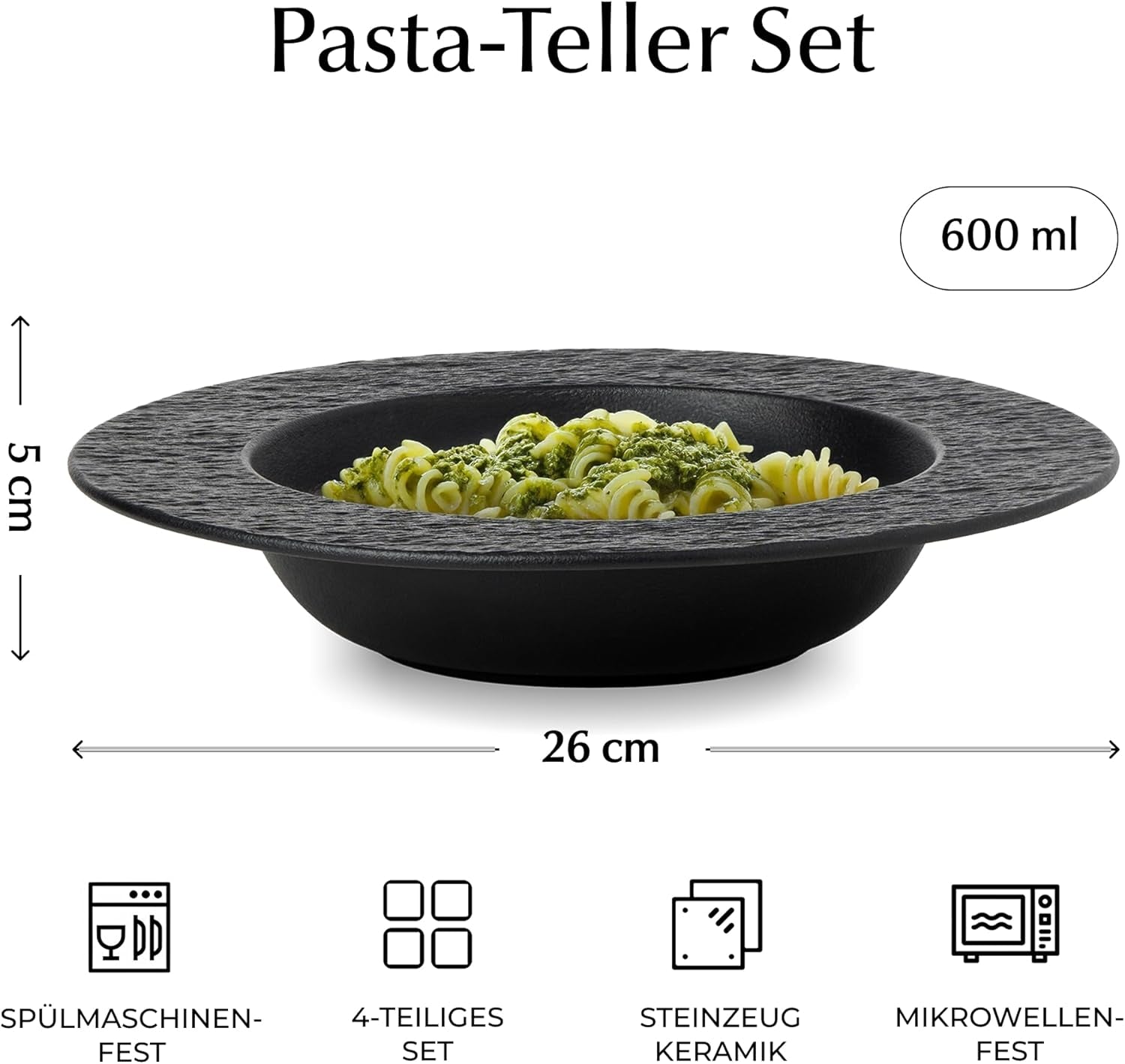 MIAMIO – Set de 4 farfurii pentru paste, 26 cm, farfurii adânci mari pentru supă, veselă ceramică modernă, alb-negru, potrivită pentru cuptorul cu microunde și mașina de spălat vase – Colecția Oasis (Negru)
