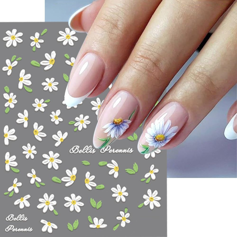5D în relief alb margarete autocolante unghii flori autocolante unghii flori folie autoadezive autocolante unghii arta autocolante unghii margarete decorare unghii accesorii design flori autocolante unghii arta