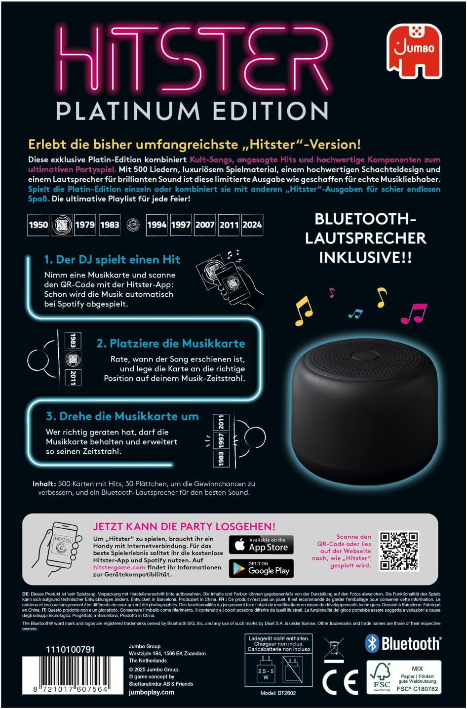 Hitster Platinum Edition – Gioco musicale per feste con 500 brani pop, rock, hip-hop, dance e altro, incluso l'altoparlante