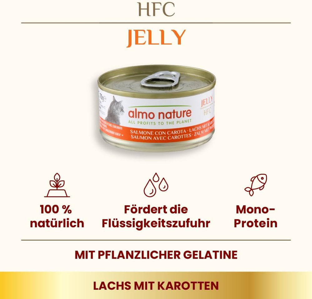 Almo Nature HFC Jelly - Hrană umedă pentru pisici adulte - Somon și Morcovi - Calitate umană, Fără gluten - 6 x 70g