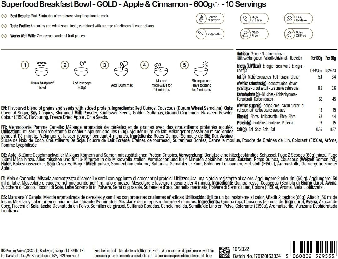 Le proteine ​​funzionano | Colazione Superfood - Innovazione GOLD, Cereali Pluripremiati, Muesli Proteico, Ricco di Nutrienti con Cereali, Semi e Avena, Alto Contenuto di Fibre, Mela e Cannella, 10 Porzioni, 600g