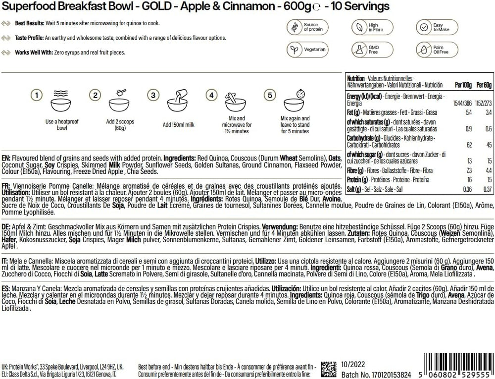 Le proteine ​​funzionano | Colazione Superfood - Innovazione GOLD, Cereali Pluripremiati, Muesli Proteico, Ricco di Nutrienti con Cereali, Semi e Avena, Alto Contenuto di Fibre, Mela e Cannella, 10 Porzioni, 600g