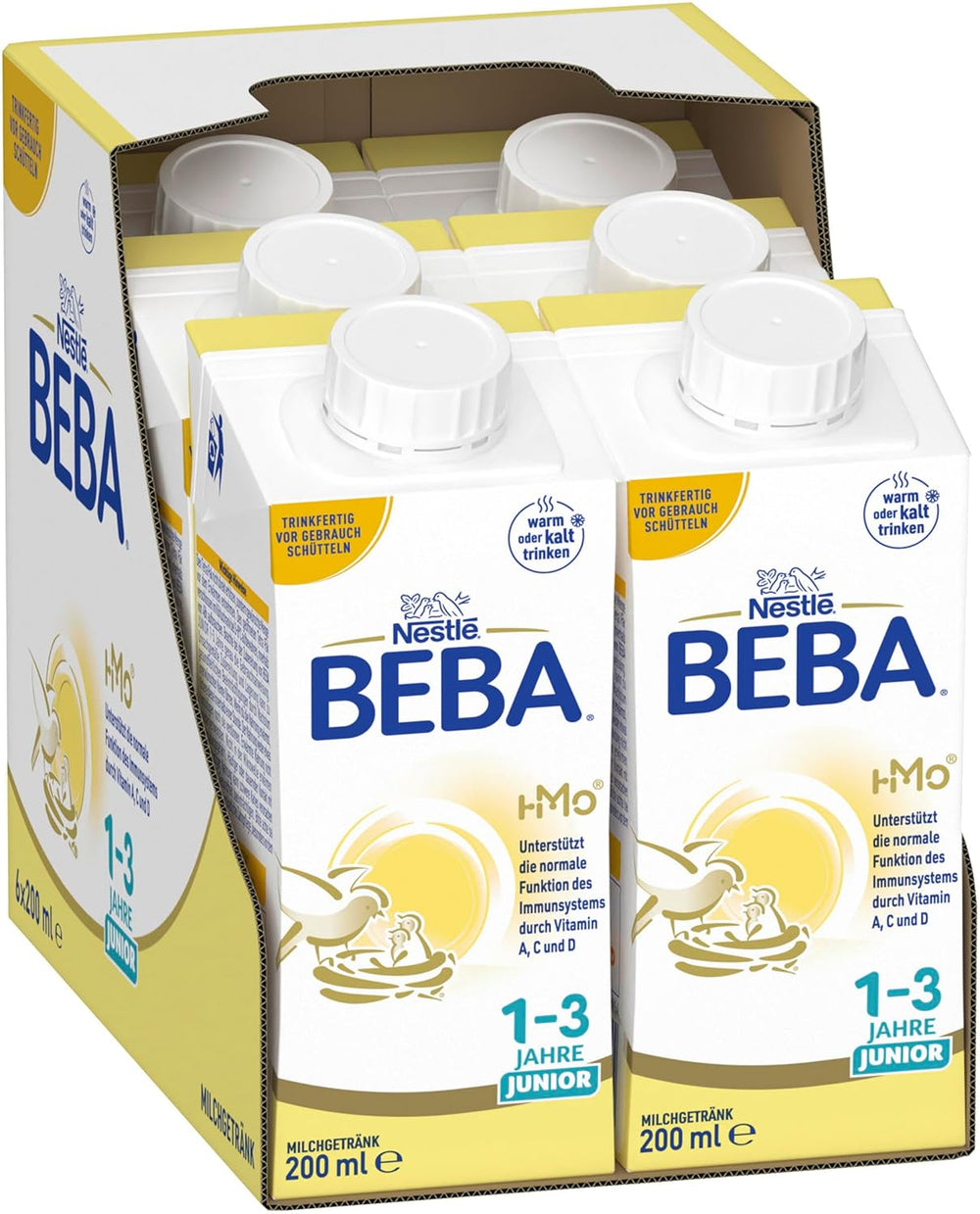 BEBA Junior, bevanda a base di latte pronta da bere per 1-3 anni, con HMO, contenuto proteico adeguato all'età, senza olio di palma, senza olio di pesce, alimenti per bambini, confezione da 6 (6 x 200 ml)
