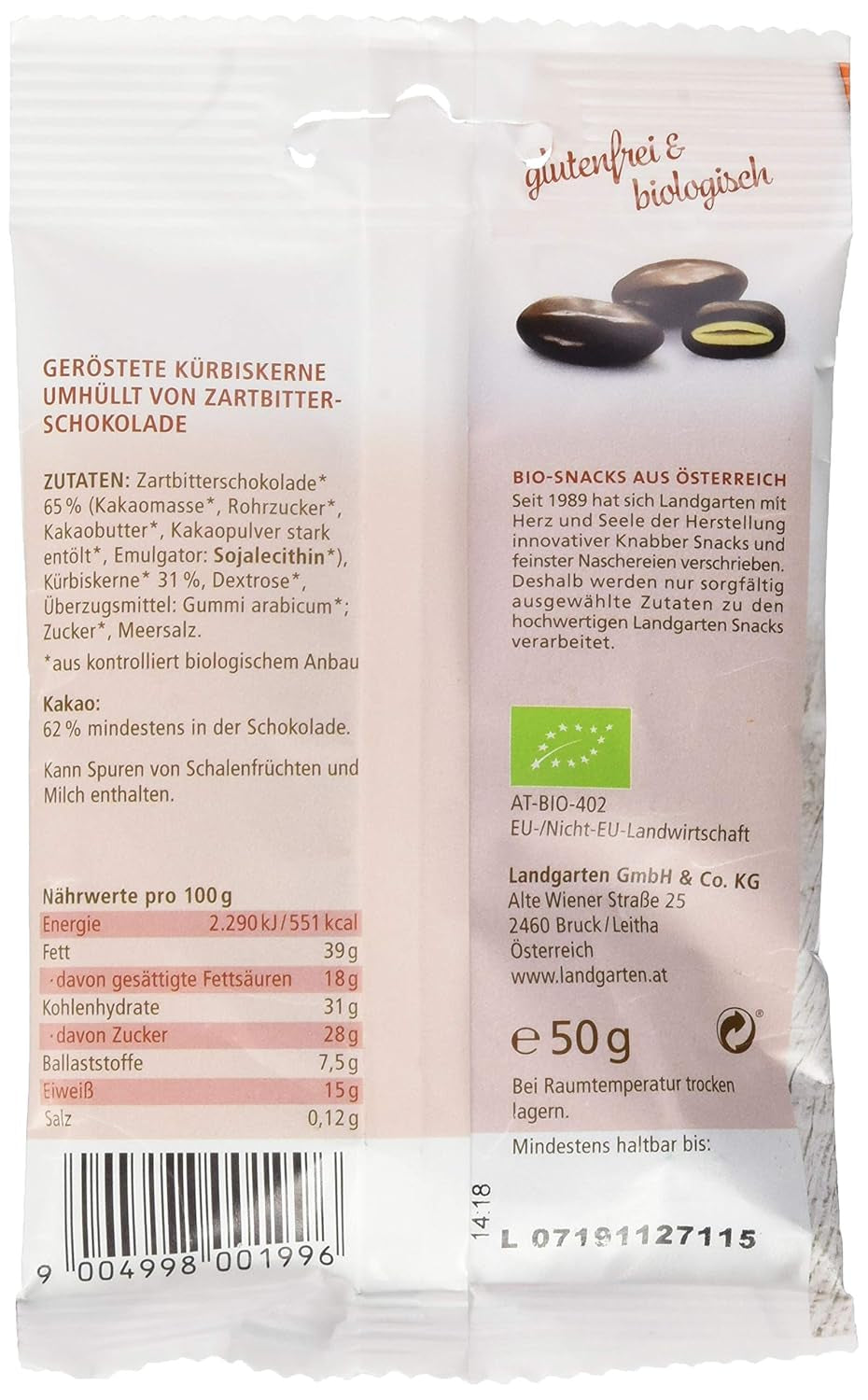Landgarten Semi di zucca biologici al cioccolato fondente - Snack vegano al cioccolato con semi di zucca tostati - Fonte di magnesio - 1 x 50 g