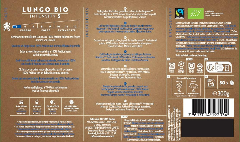Café Royal Professional Pads, Bio Lungo, 50 Nespresso (R) Professional kompatible Pads für Office und Gastronomie, Bio und Fairtrade zertifiziert, 100 Prozent Arabica, Intensität 5