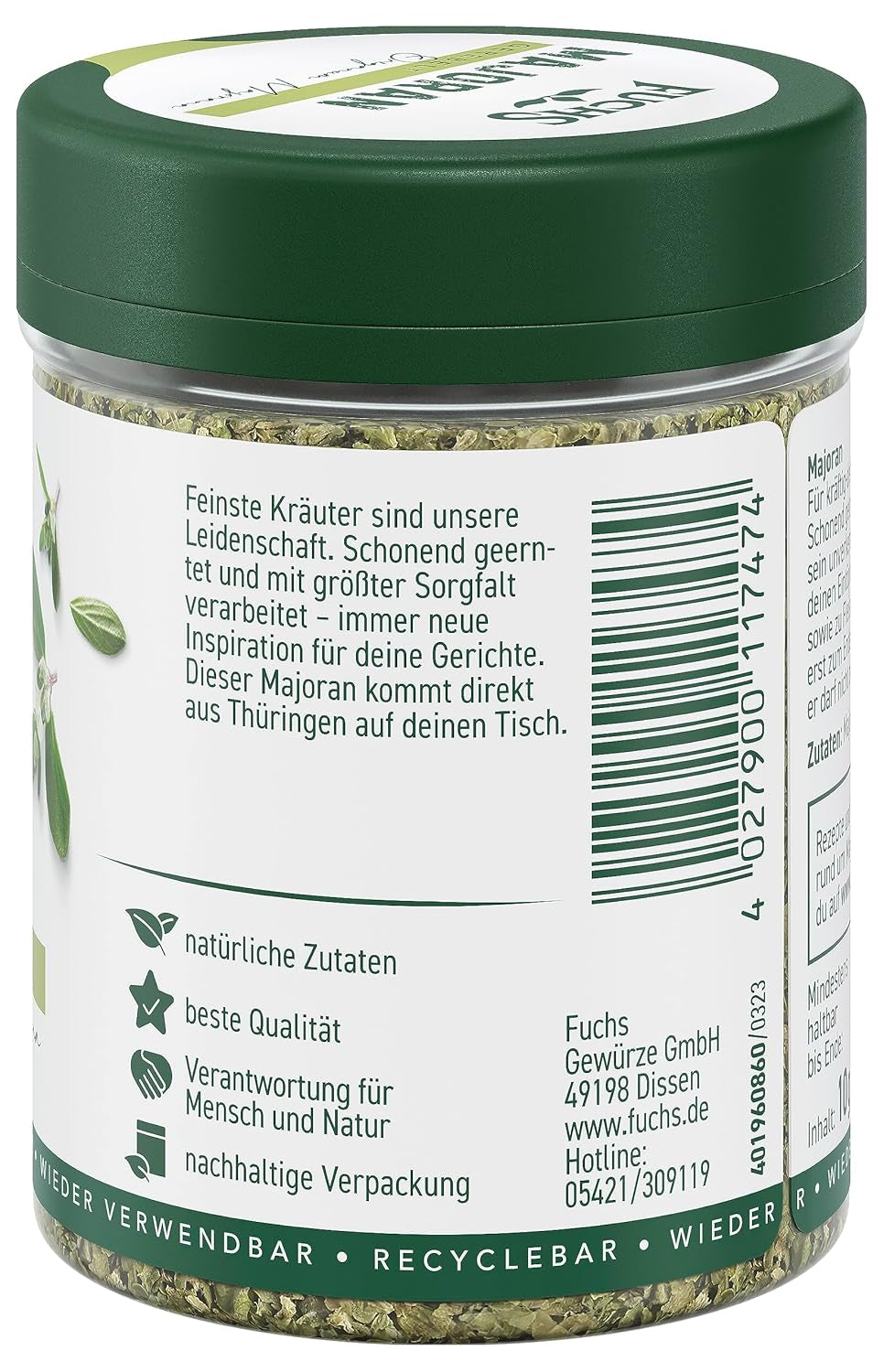 Fuchs Gewürze - Maggiorana gerebelt - zum Würzen von Kartoffelgerichten, Fleischgerichten oder Eintöpfen - ingredienti naturali - 10 g in wiederverwendbarer, recyclebarer Dose