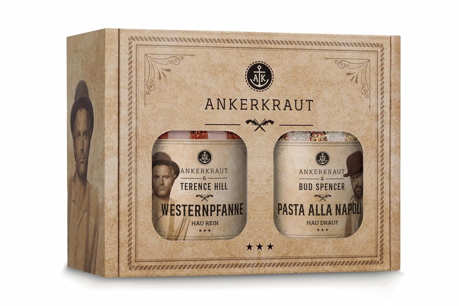 Ankerkraut Bud Spencer & Terence Hill Bagaluten Gewürz-Box, mit Westernpfanne und Pasta alla Napoli, Geschenk-Set, lecker kochen, 195 g Gewürze Inhalt