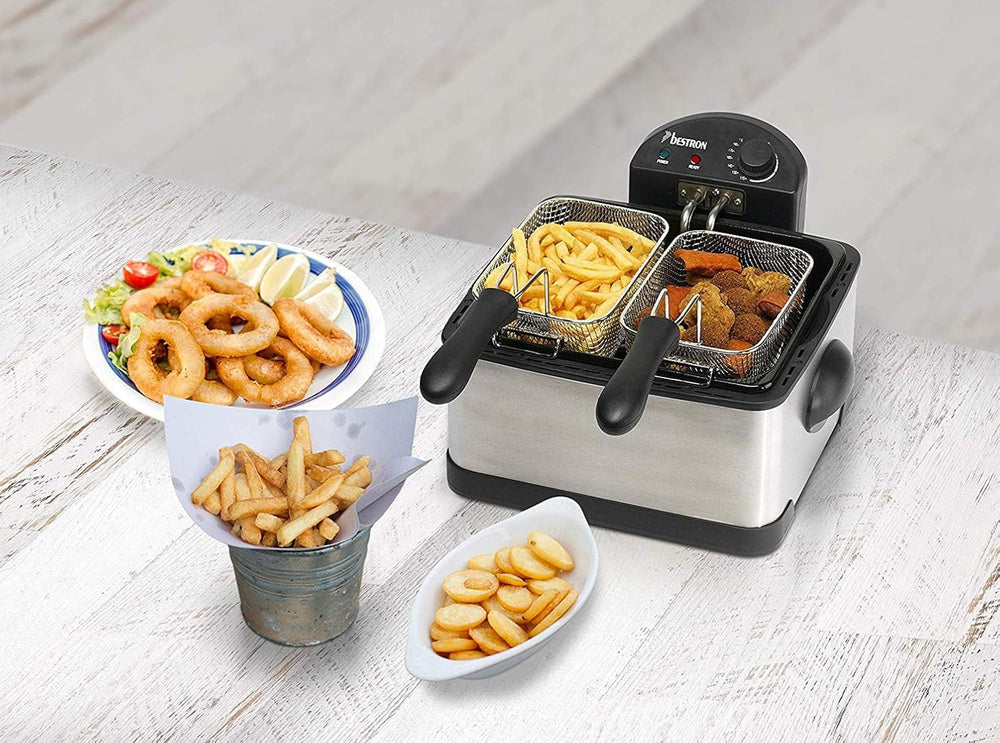Friggitrice ad olio Bestron XL Con 3 cestelli, Inclusa tecnologia zona fredda e contenitore olio estraibile, 4 litri, 2000 W Elettrodomestici Naty Shop