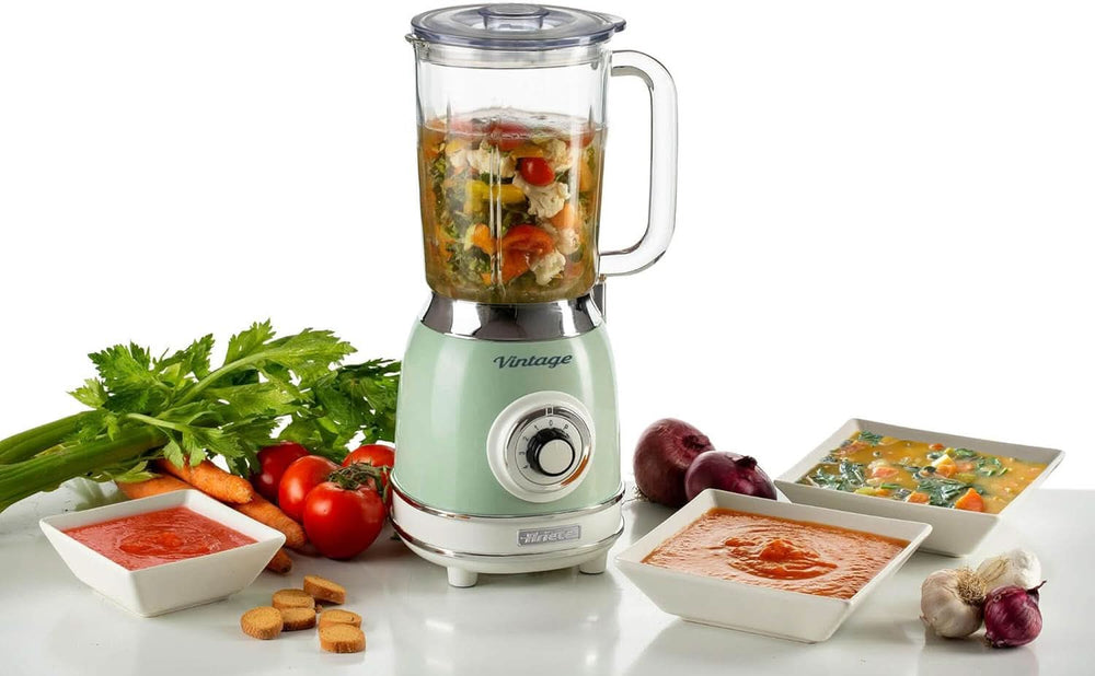 Ariete Vintage 583 Mixer in vetro, retrò, miscelatore multifunzione con 4 pentole, 4 maniglie + funzione a impulsi, funzione tritaghiaccio, alimentatore da 1,5 litri, 1000 W, verde Kitchen Naty Shop