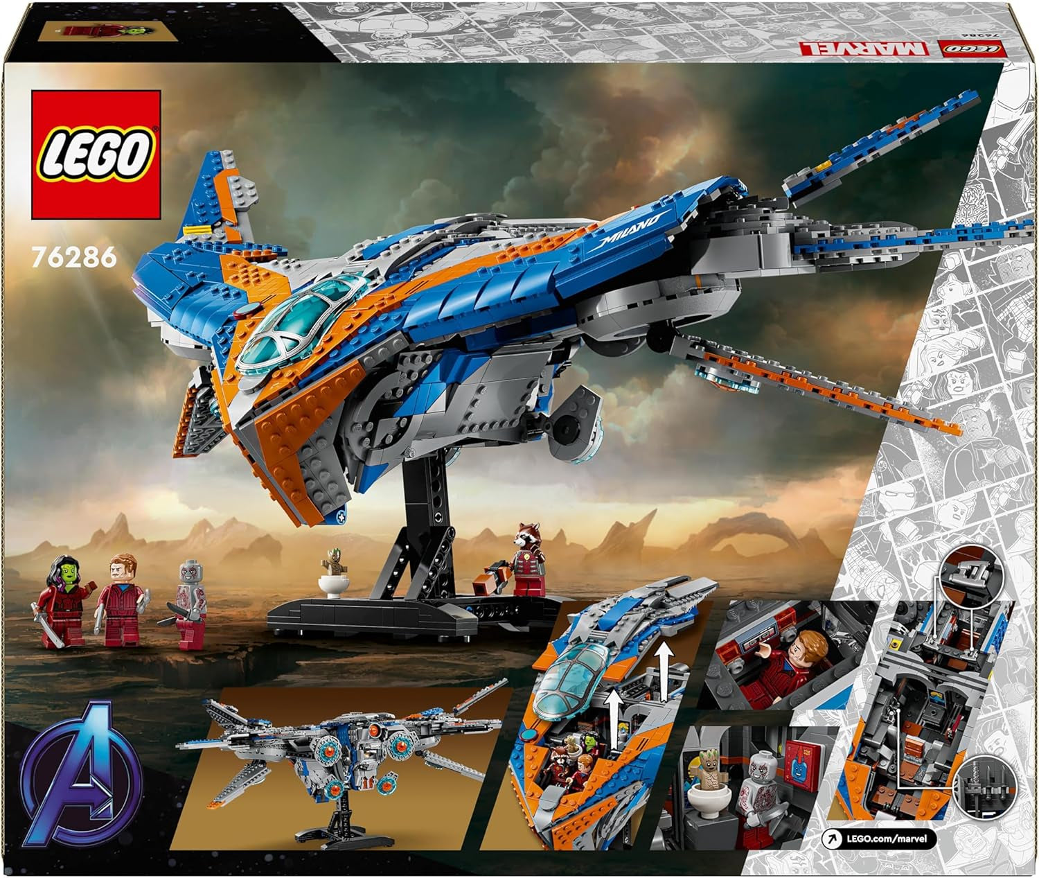 LEGO Marvel Guardiani della Galassia: The Milano Building Modello di astronave con 4 minifigure di supereroi Avengers Volantino per avventure spaziali Regalo per ragazzi e ragazze 76286 Set da costruzione Beuche den LEGO-Store