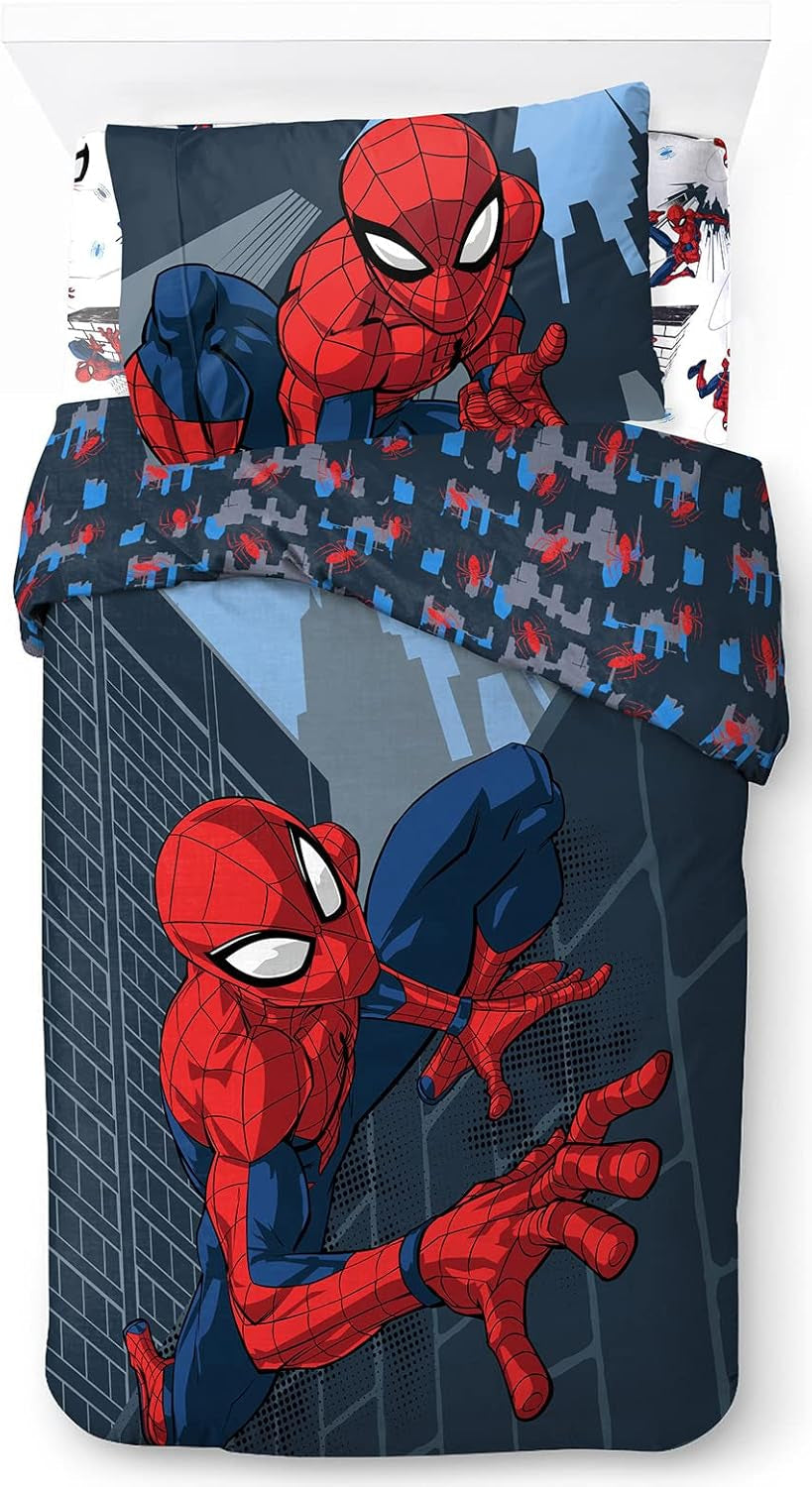 Biancheria letto per bambini, unisex, principesse e supereroi, 100% cotone Biancheria letto - bambini Naty Shop Blu - Spiderman 135X200/50X70 (3 Pezzi)