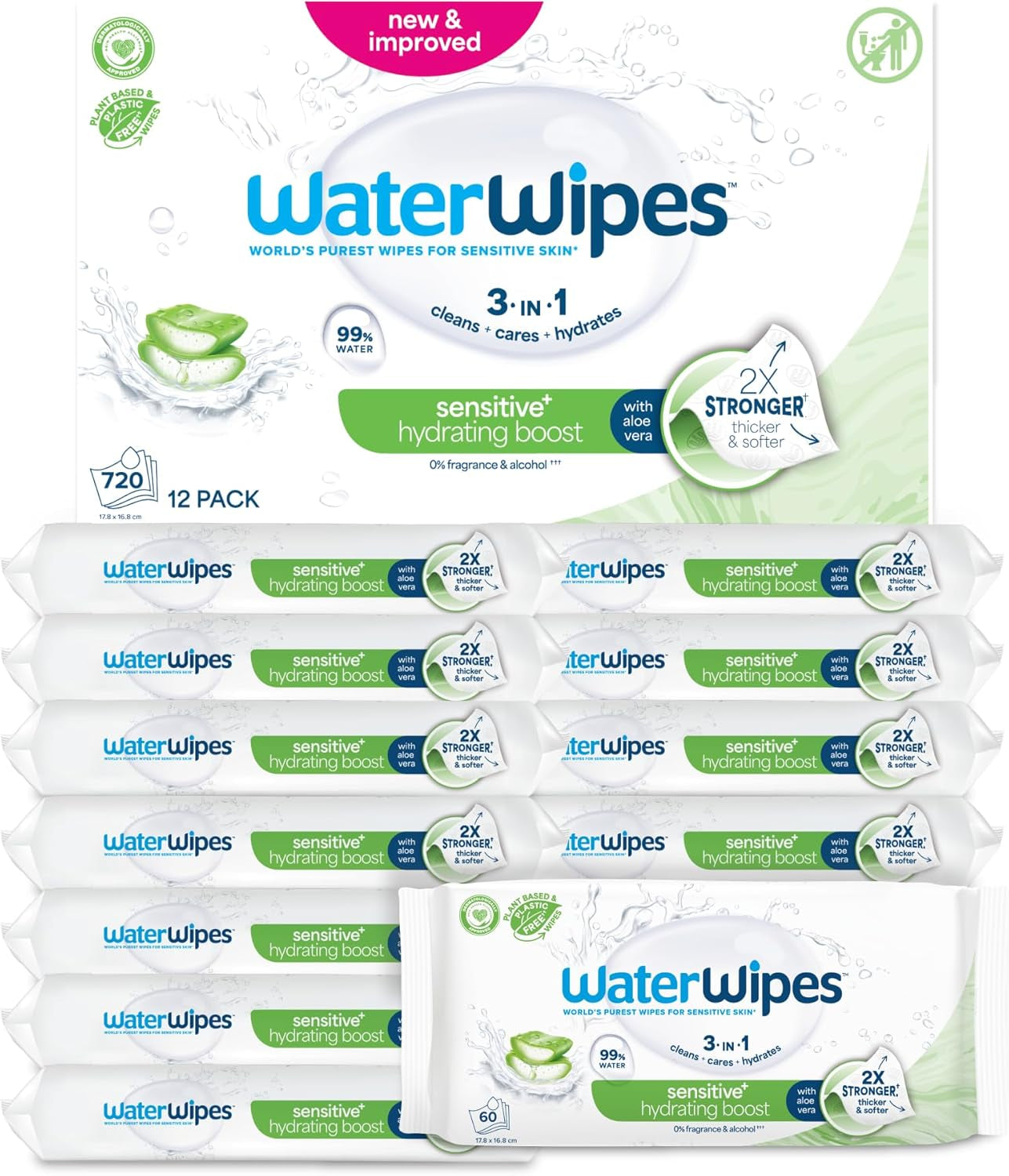 Salviette umidificate WaterWipes Sensitive+ Hydrating Boost, salviette idratanti, 360 pezzi (confezione da 6), 3 in 1 per pulire, curare, idratare, acqua di aloe vera al 99%, salviette per neonati senza profumazione