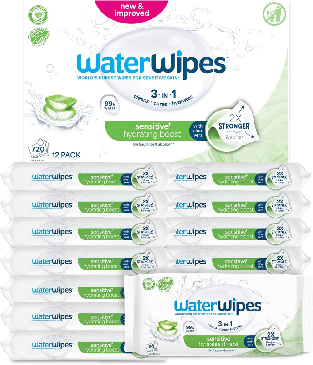 Salviette umidificate WaterWipes Sensitive+ Hydrating Boost, salviette idratanti, 360 pezzi (confezione da 6), 3 in 1 per pulire, curare, idratare, acqua di aloe vera al 99%, salviette per neonati senza profumazione