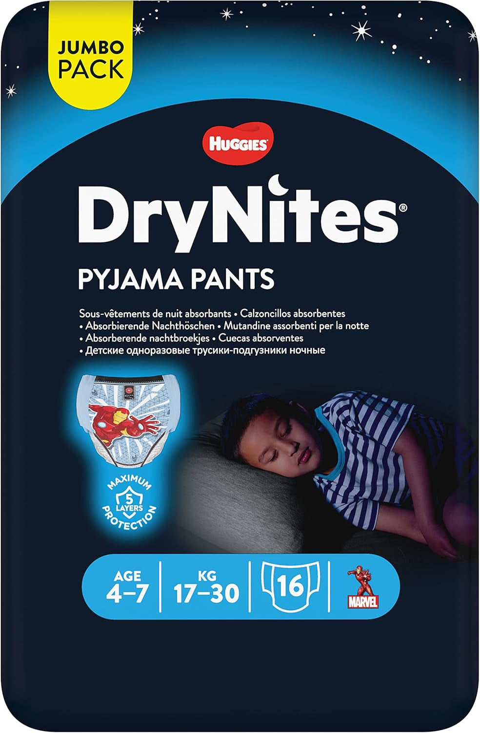 DryNites Pannolini assorbenti per l'enuresi notturna per ragazzi da 4 a 7 anni (17-30 kg), confezione mensile Jumbo, 64 pezzi