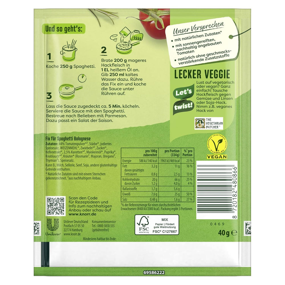 Knorr Fix Würzmischung Spaghetti alla Bolognese per un delizioso piatto di pasta con ingredienti naturali 40 g