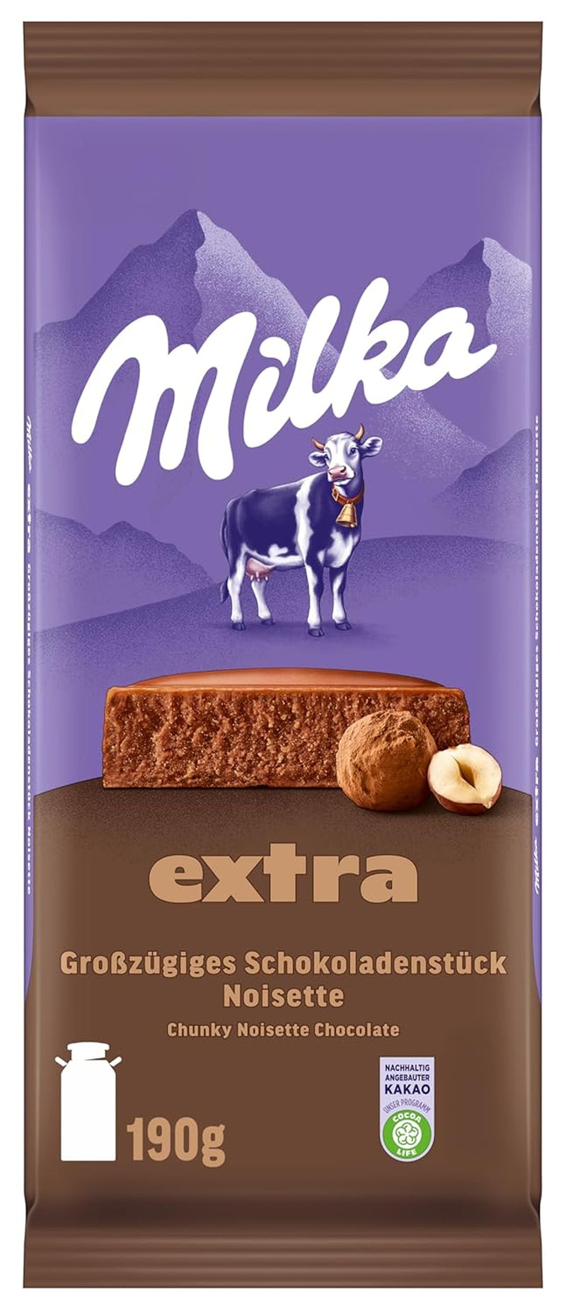 Milka Extra Noisette – Cioccolato al latte alpino con delicato e cremoso ripieno alla nocciola – 15 x 190 g
