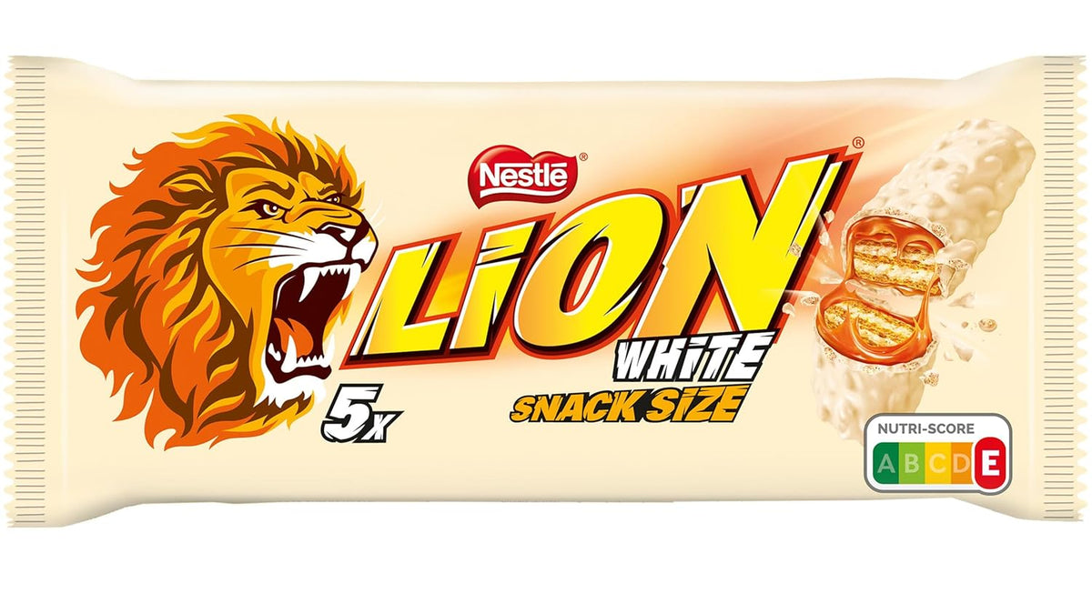 Confezione multipla Nestlé LION, barrette di cioccolato con glassa bianca, delizioso ripieno al caramello e wafer croccante, confezione di caramelle sfuse, 1 confezione (5 x 30 g)