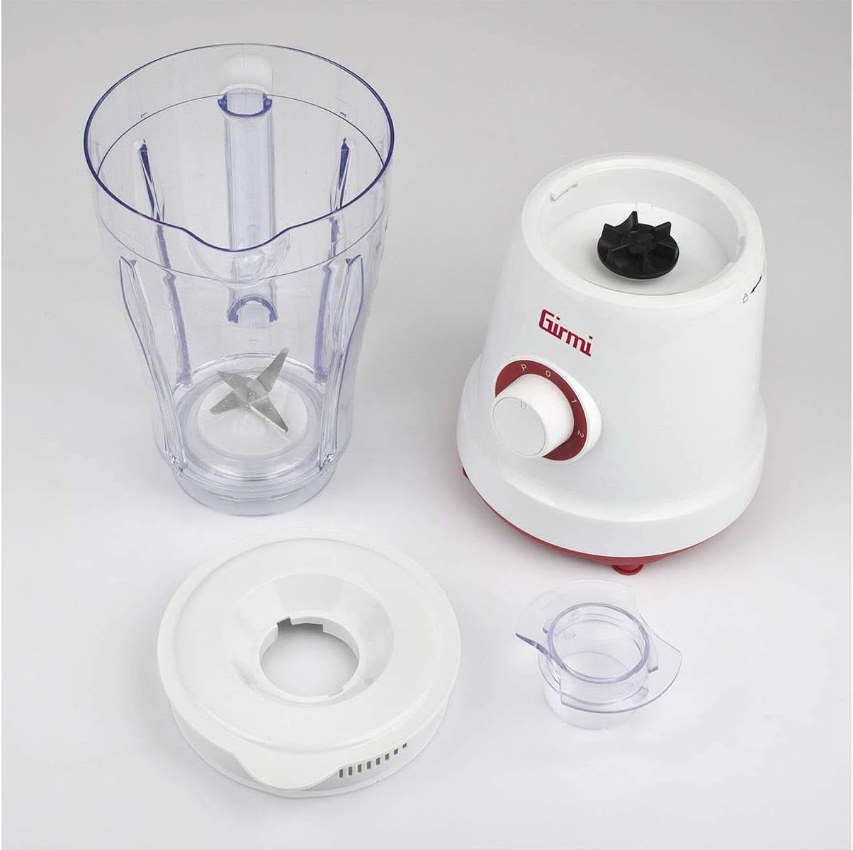 Girmi FR46 Elektrischer Mixer, 1,5 litri, 2 Geschwindigkeiten Mit Pulse-Funktion, 4 Edelstahlklingen, Messbecherdeckel, Messbecher Mit Scale, Sicherheitseinrichtung, Weiß/Rot Kitchen Naty Shop