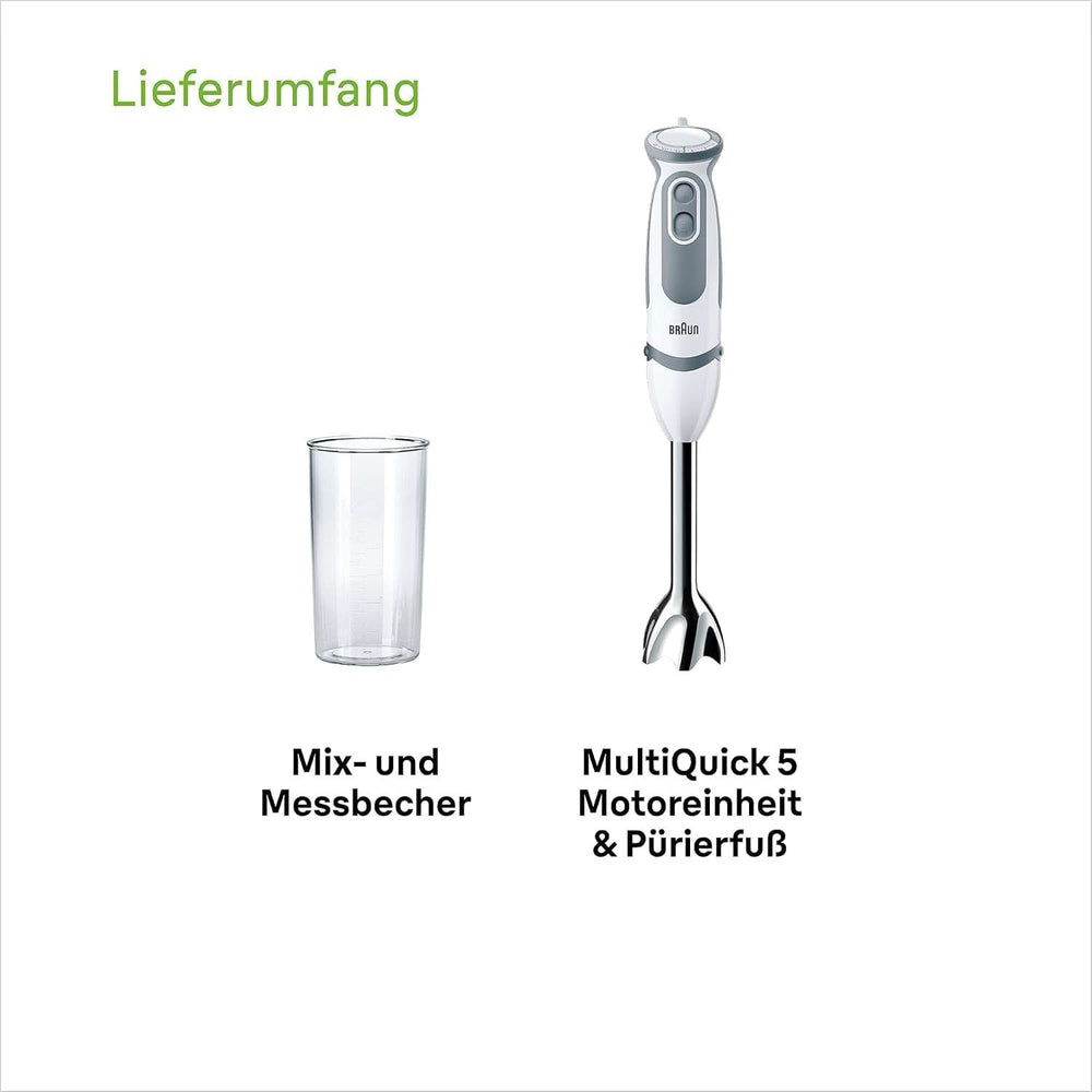 Braun Stabmixer MQ 5200WH - Multiquick 5 Vario Purierstab Mit Edelstahl Mixfuß, 1000 Watt, Inkl. 600 ml Mix- & Messbecher, Bianco/Grau Kitchen Naty Shop
