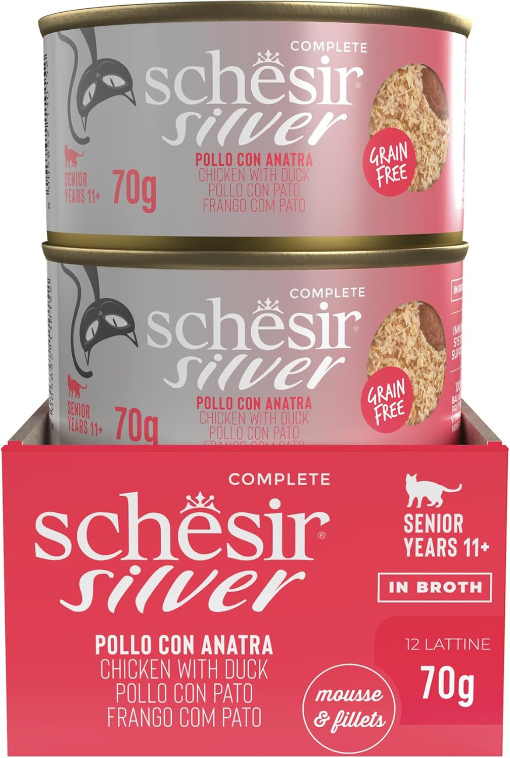 Silver, Pui cu Mousse de Rață și Fileuri, Hrană Umedă Completă pentru Pisici Senior, Fără Cereale, Suport Imunitar, Sursă de Umiditate, 12 x 70g