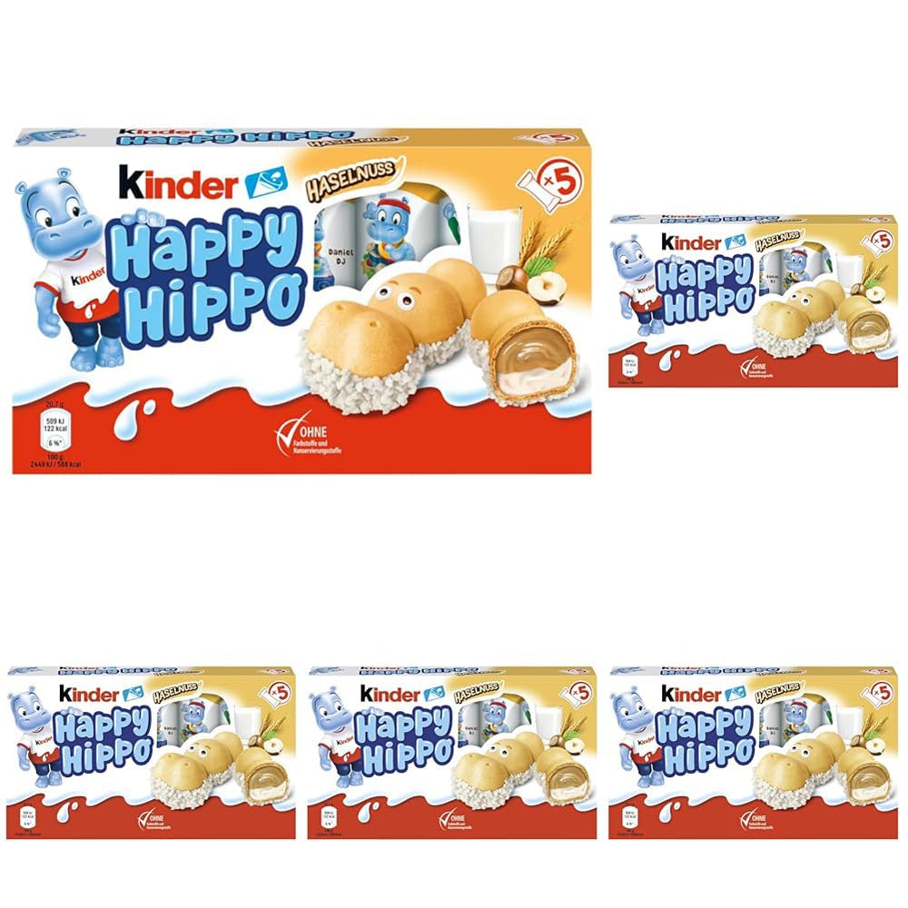 Kinder Happy Hippo Hazelnut - Specialità Wafer Croccanti con Crema di Latte e Nocciole - Dolci di Carnevale e Martedì Grasso - 1 confezione contenente 5 barrette individuali da 20,7g ciascuna