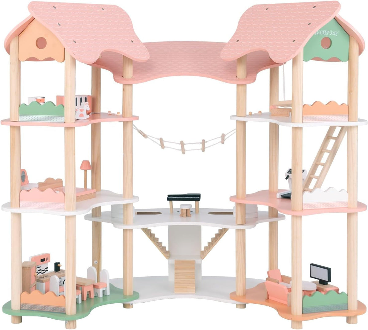FANTASK Casa delle Bambole in Legno, Casa delle Bambole con 7 Camere e 7 Camere, Altezza 85 cm, con 32 Mobili e Accessori, Casa delle Bambole con Scala di Corda, Casa delle Bambole Regalo per Bambine di 3 Anni (Modello 3) Naty Shop Dollhouses Titolo predefinito