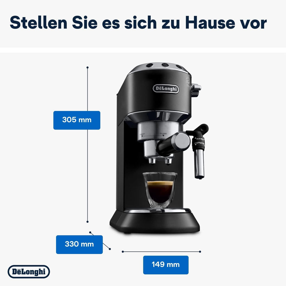 De'Longhi Dedica Style EC 685.B – Espressor cu portafiltru, espressor cu spumator de lapte profesional, doar 15 cm lățime, pentru cafea măcinată sau capsule ESE, rezervor de apă de 1 l, negru