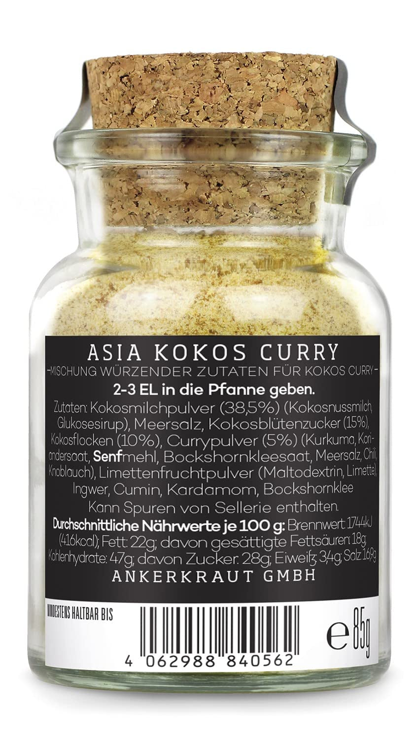 Ankerkraut Asia Kokos Curry, 85g in vetro di sughero, Gewürz für Kokos-Milch Gemüse Fleisch, Einfach Lecker Zu Hause Kochen, Premium Qualität in der Panne