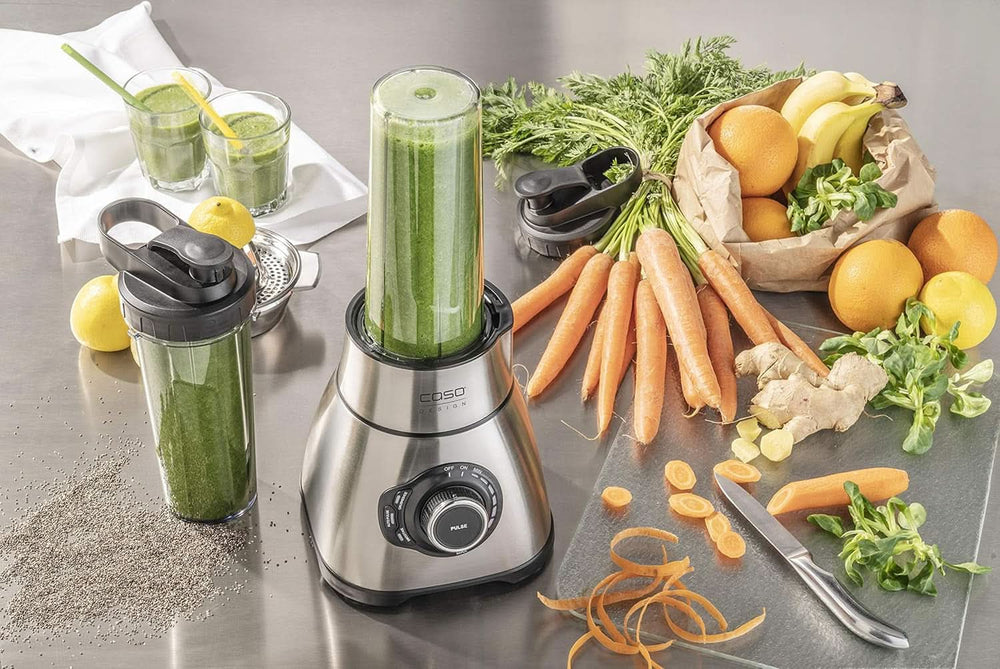 CASO B 1800 Powerblender-Set - Robot da cucina, 28.000 giri/min, bicchiere di vetro 1,75 L, incl. Trinkflasche Und Zerkleiner, Mixer Testsieger Mit Sehr Gut, Edelstahl Naty Shop