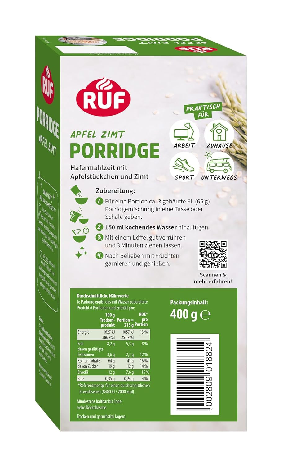 RUF Farina d'avena alla mela e cannella con fiocchi d'avena integrali, delicato sapore di cannella e pezzi di mela essiccata, snack, confezione sfusa, 1 x 400 g