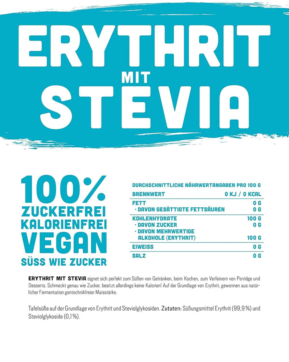 Eritritolo + Stevia Sostituto naturale dello zucchero senza calorie 1:1, 1 Kg Dolcificanti Naty Shop