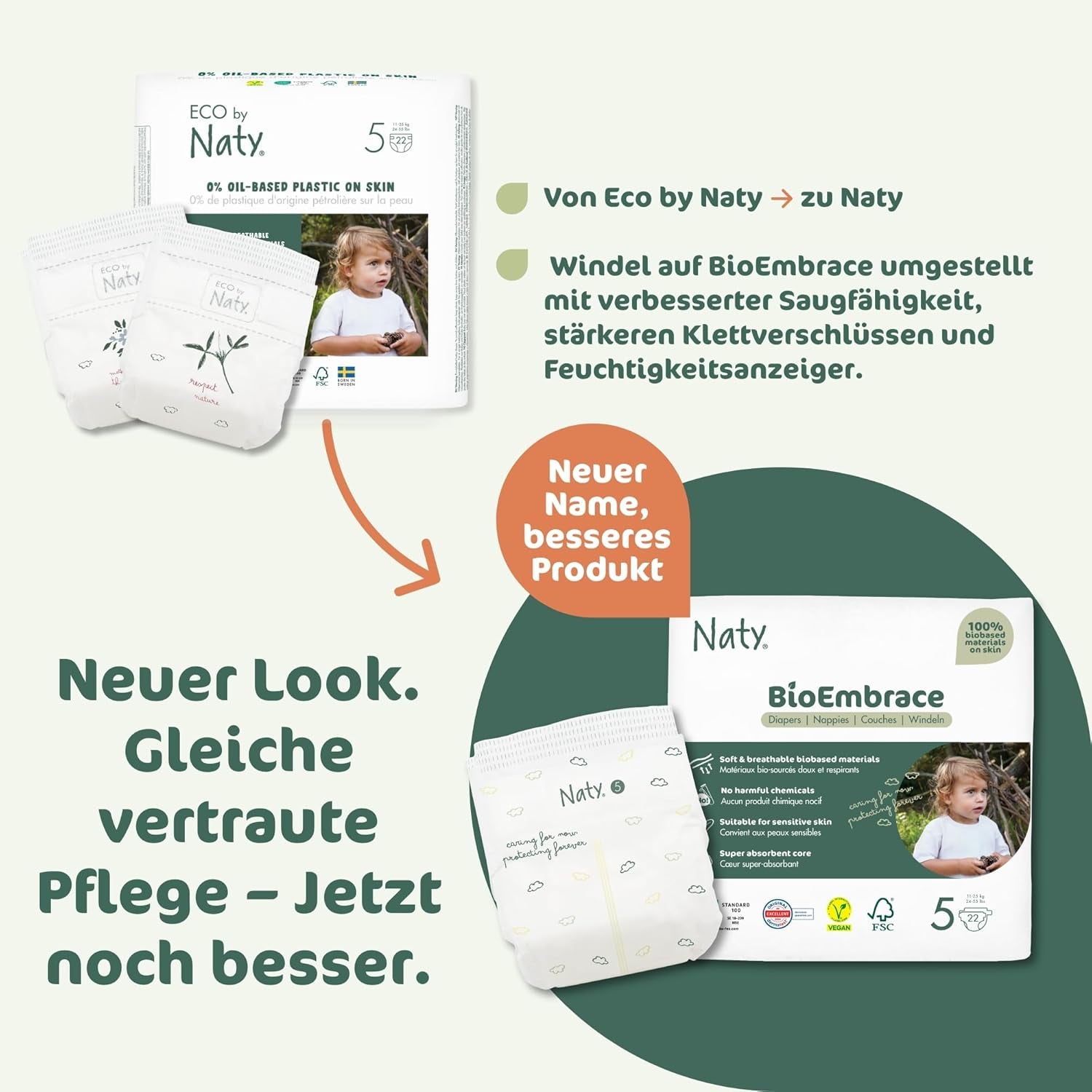 Pannolini per bambini Naty BioEmbrace, taglia 5 (11–25 kg) | Materiali 100% vegetali, delicati sulla pelle | Morbidezza traspirante, dermatologicamente testato, ottimo assorbimento | 80 pezzi.