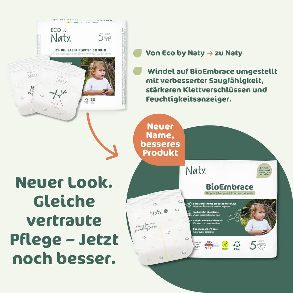 Pannolini per bambini Naty BioEmbrace, taglia 5 (11–25 kg) | Materiali 100% vegetali, delicati sulla pelle | Morbidezza traspirante, dermatologicamente testato, ottimo assorbimento | 80 pezzi.