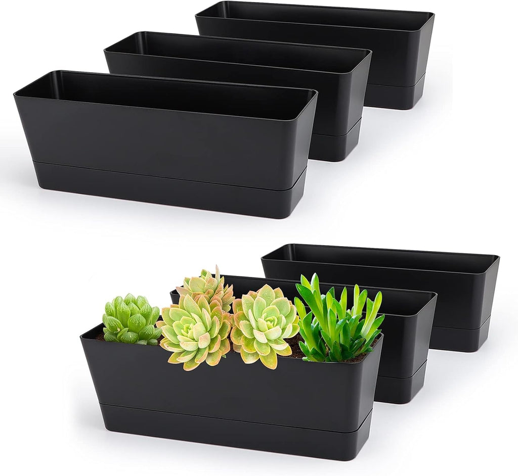 Set de 3 ghivece dreptunghiulare (40,6 × 9,7 cm) cu farfurioare – ghivece albe din plastic pentru ierburi, flori, legume – pentru balcon, grădină, pervaz, interior și exterior
