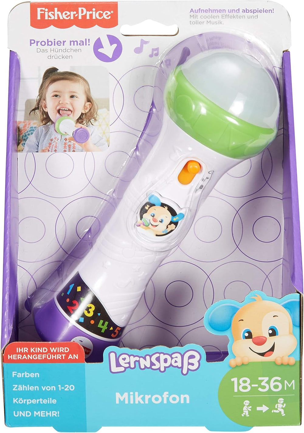 Fisher-Price FBP32 Microfon distractiv de învățare jucărie de învățare pentru litere numere culori și propoziții cu funcție de înregistrare, de la 18 luni vorbitor de germană Jucarii Bebe Naty Shop