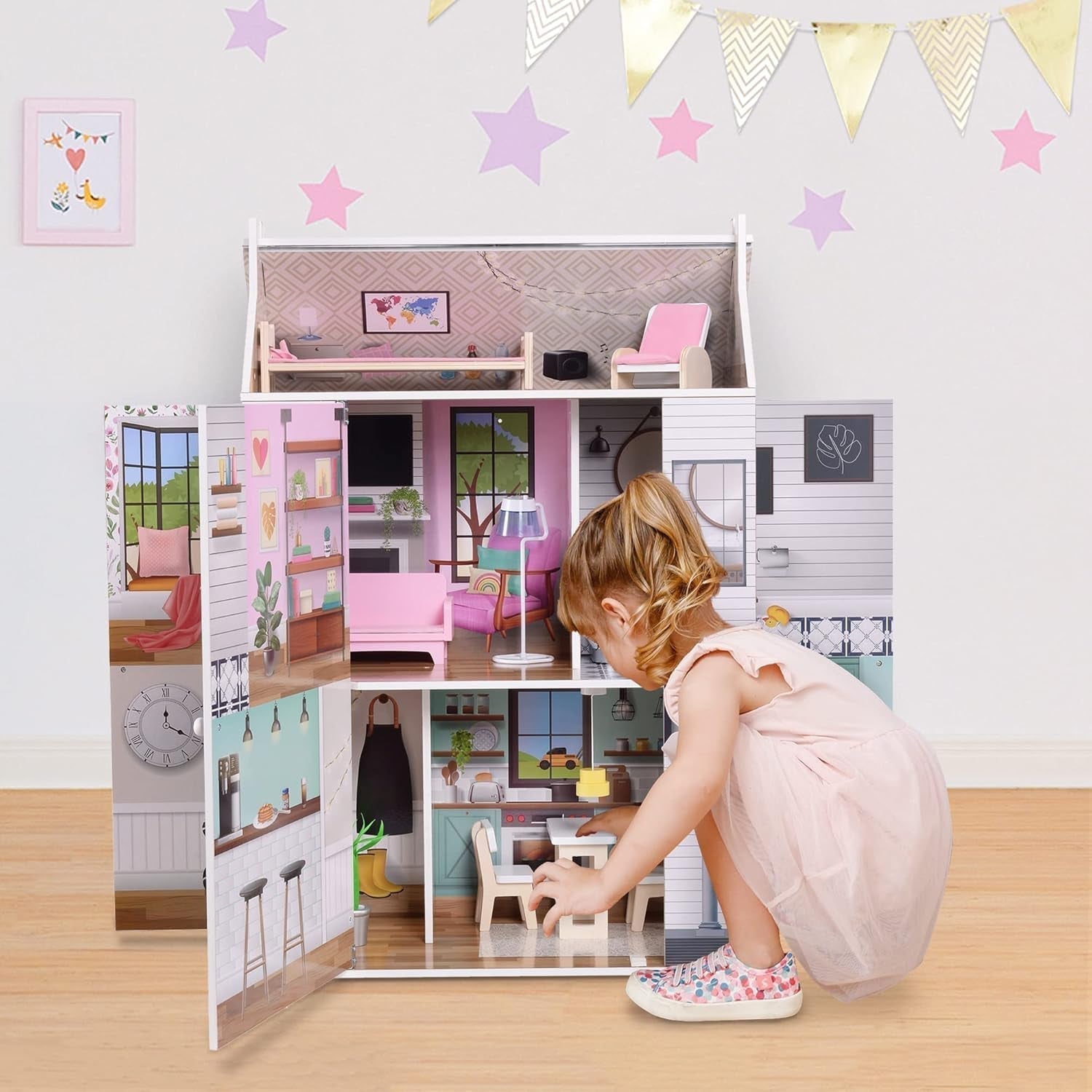 Olivia'S Little World Dreamland Farmhouse Casa delle bambole interattiva in legno per bambini 3 piani con 13 accessori per mobili per bambole Bianco TD-13632A Case delle bambole Naty Shop