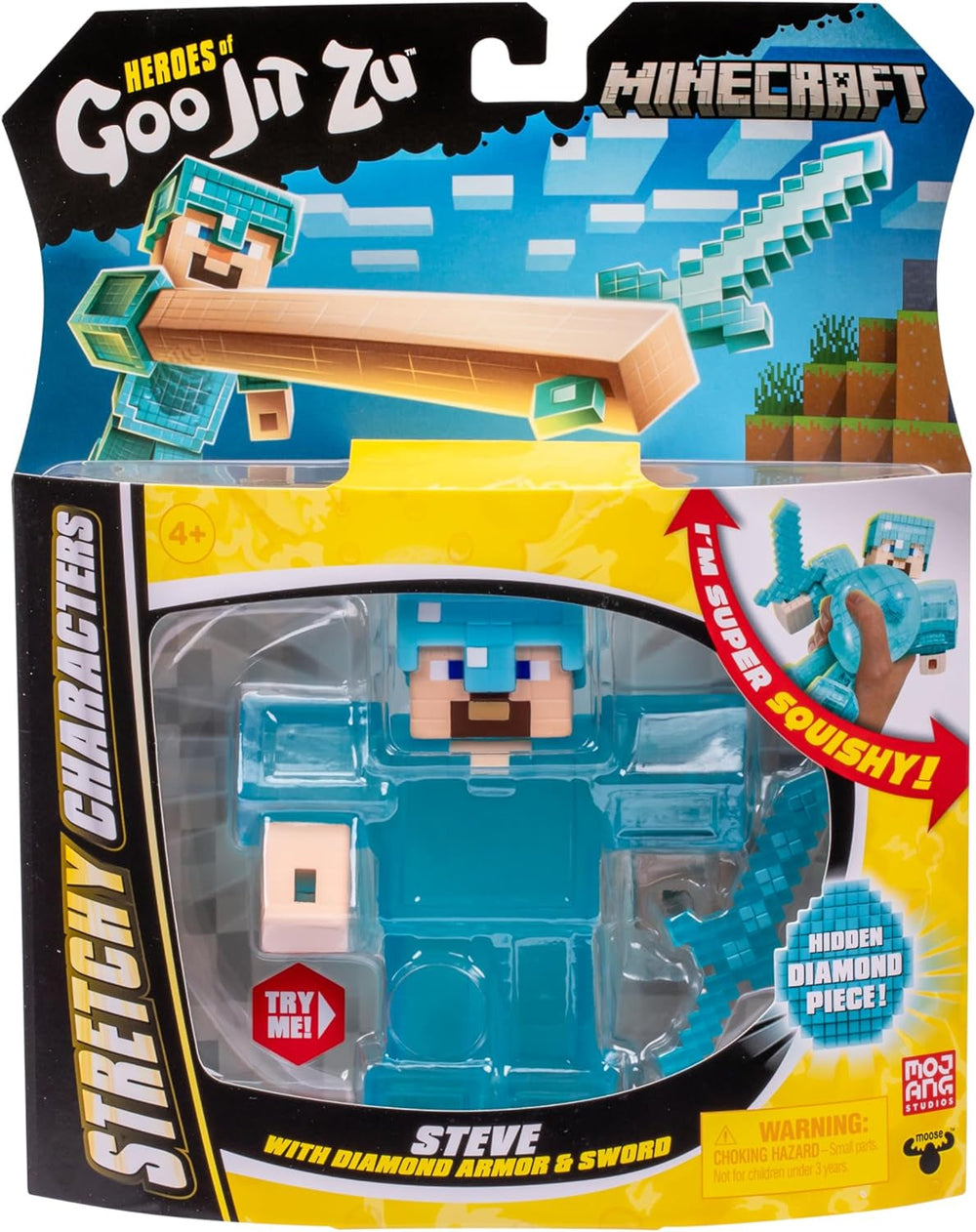 Heroes of Goo Jit Zu - figură Minecraft extensibilă - Steve cu armură și sabie de diamant, umplutură Goo super elastică cu element de diamant ascuns în interior, extensibilă până la trei ori dimensiunea Action figures Naty Shop