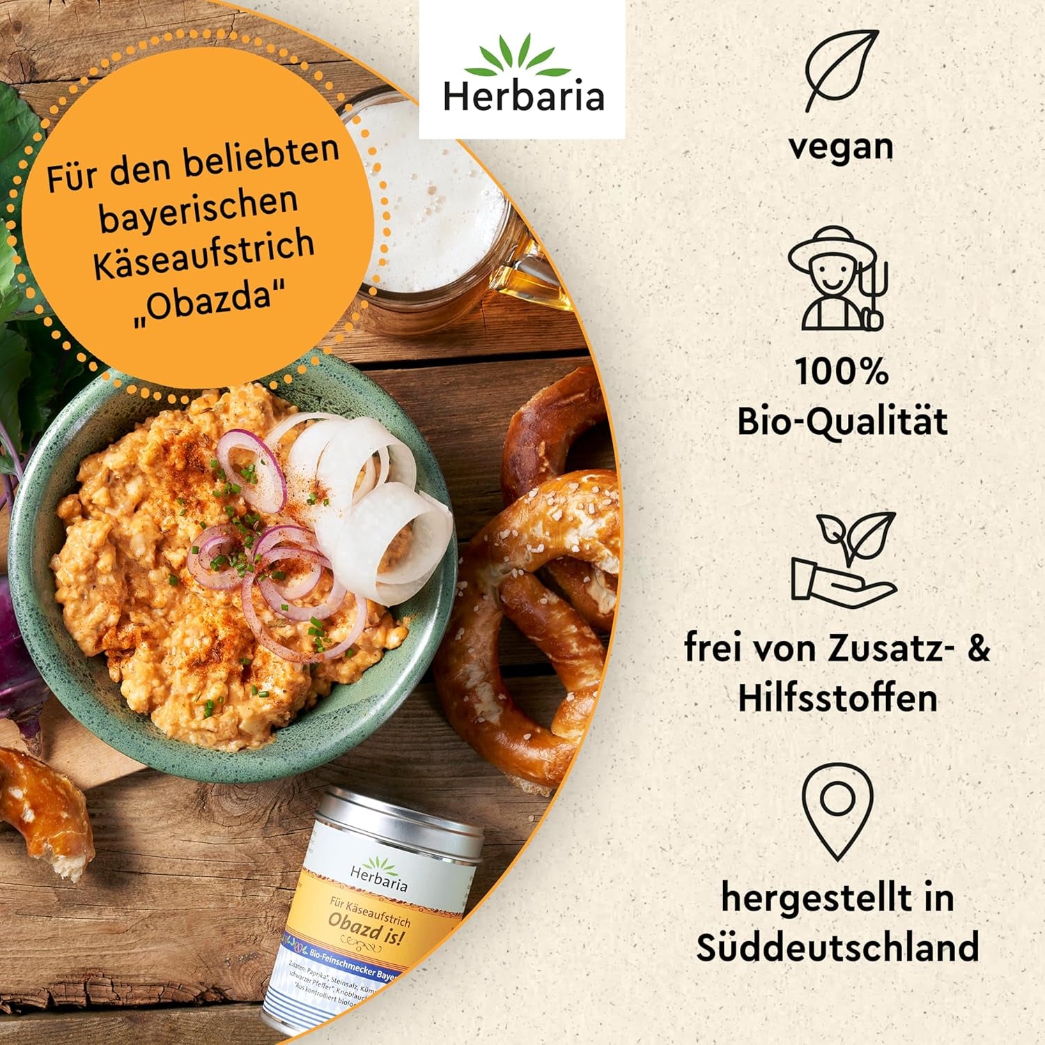 Herbaria Obazd lo è! bio 90g M-Dose – Bio-Gewürzmischung bayerischen Biergartenklassiker Obazda – per Brotaufstriche, Käsegerichte, Käsefondue – Raclette Gewürz - in nachhaltiger Aromaschutz-Dose