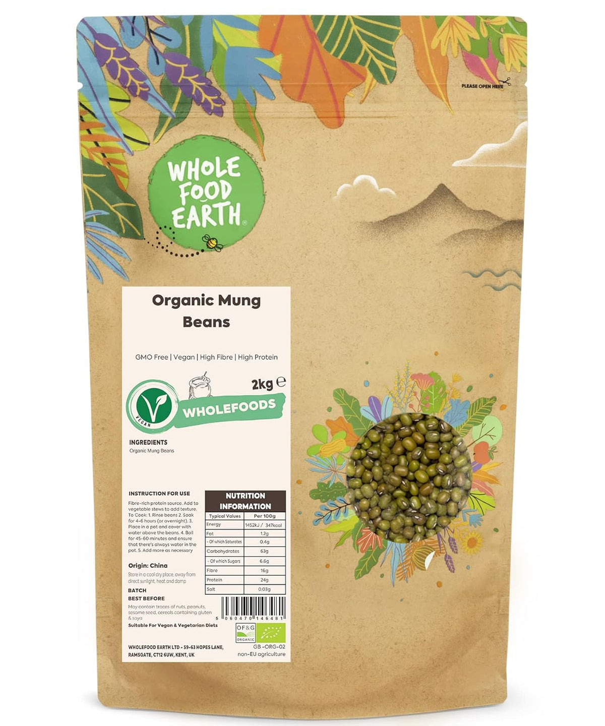 Fagioli verdi biologici Wholefood Earth 2kg | Non OGM | Vegano | Ricco di fibre | Ricco di proteine ​​| Certificato biologico
