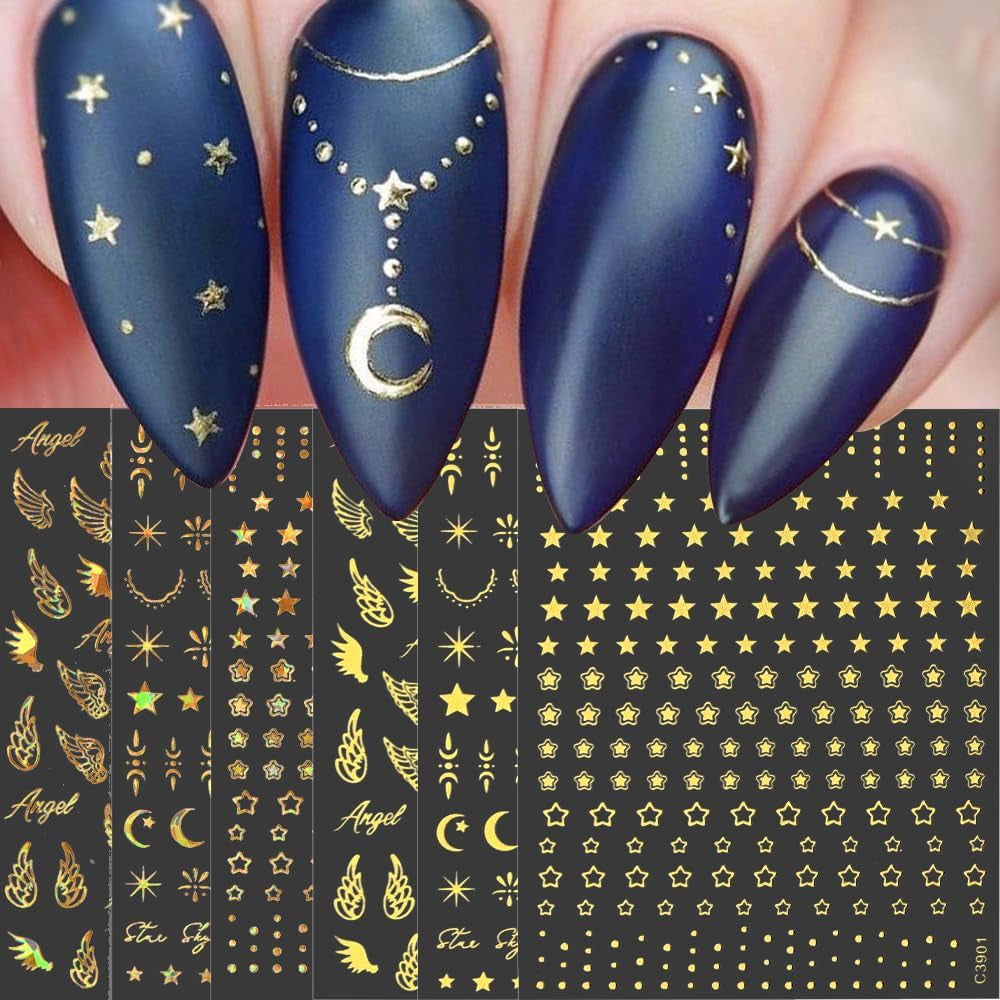 coli de autocolante pentru unghii cu stele și lună aurie, aripi de înger, autocolante pentru unghii bronzante, aurii, stele, folie de unghii, autocolante autoadezive pentru unghii, accesorii pentru design unghii, autocolante pentru unghii