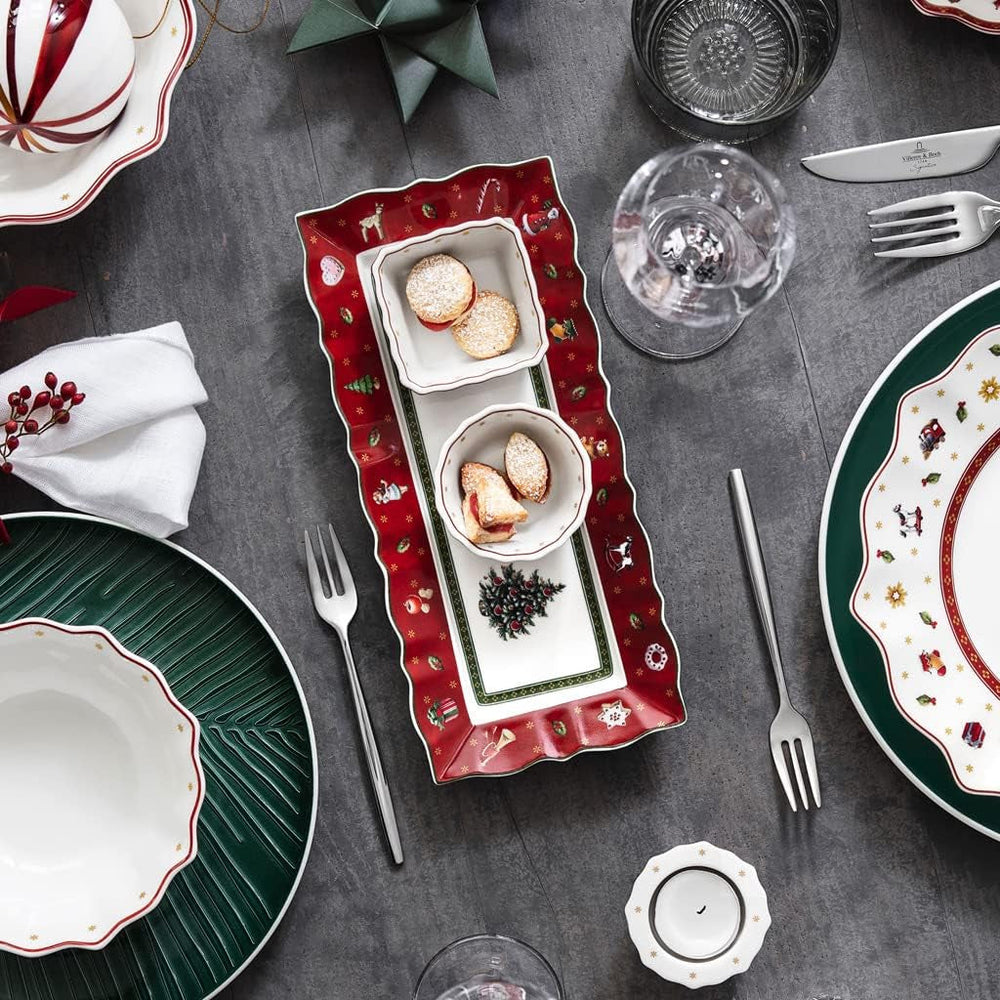 Villeroy & Boch - Set de sosuri Toy's Delight, 4 piese, Platou de servire cu boluri, Set de boluri pentru sos de Crăciun, Decorațiune de masă cu jucării, Tavă de servire, Boluri, Veselă de Crăciun, Porțelan Premium