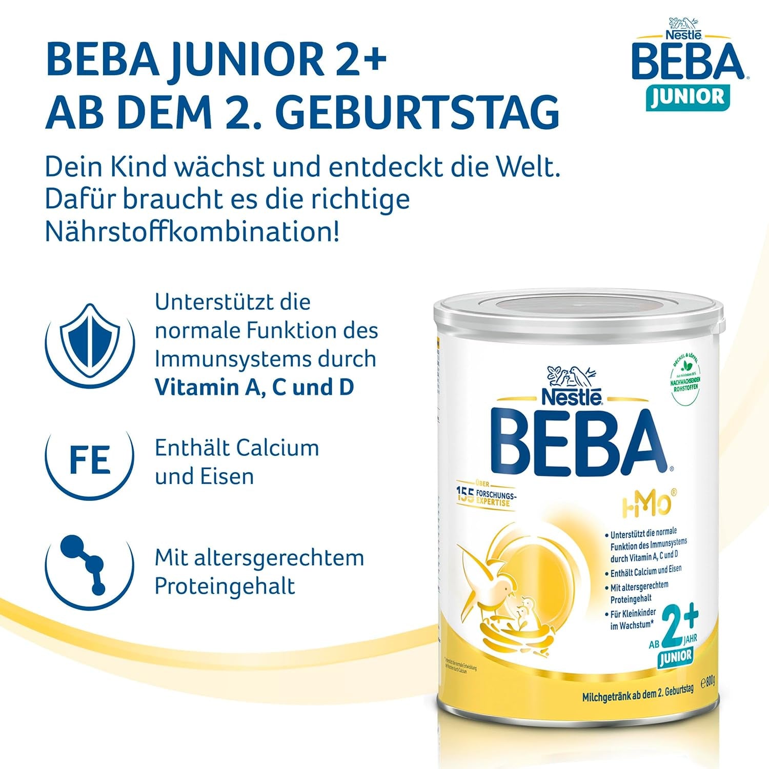 BEBA Junior 2+ bevanda a base di latte a partire da 2 anni, Con HMO, Contenuto proteico adatto all'età, Solo lattosio, Senza olio di palma, Senza olio di pesce, Alimenti per bambini, Latte in polvere per bambini, Confezione da 6 (6 x 800 g)