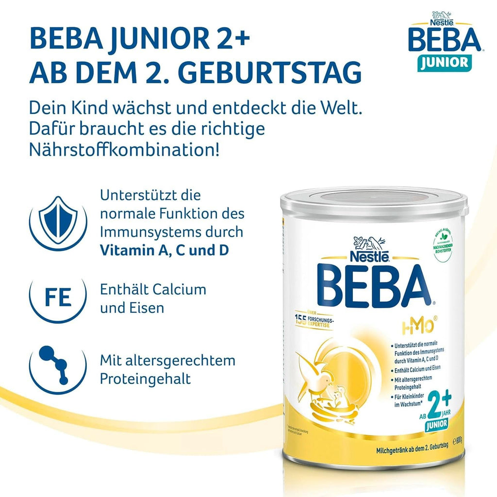Băutură cu lapte BEBA Junior 2+ de la a 2-a aniversare, mâncare pentru copii cu HMO 2'-FL, numai lactoză, fără ulei de palmier, pachet 6 (6 x 800 g) Mama si Copilul Naty Shop