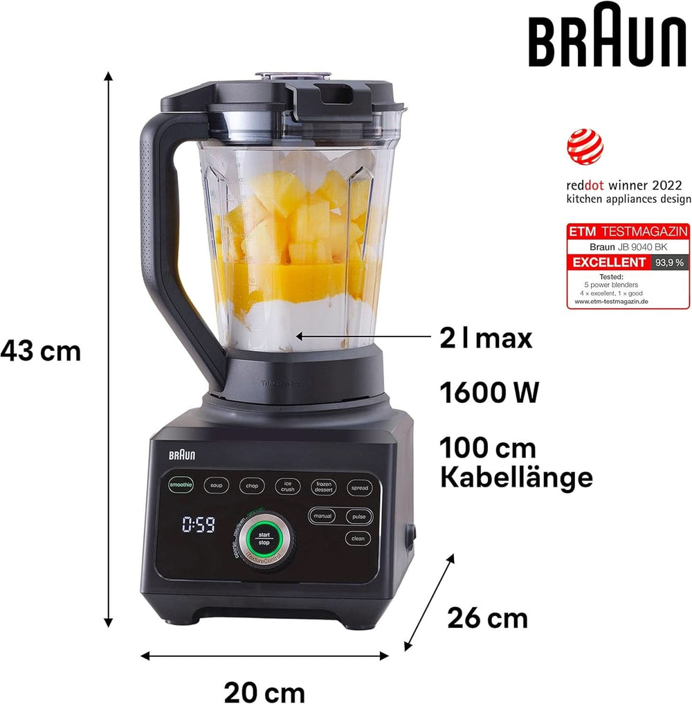 Braun Hochleistungsmixer Powerblend 9 JB9040 – Standmixer Mit Glas-Mixkrug, 18 Mixprogramme, 10 Geschwindigkeiten + Pulsefunktion, Heiße Suppen Funktion, Reinigungsprogramm, Stampfer, 1600 W, Schwarz Kitchen Naty Shop