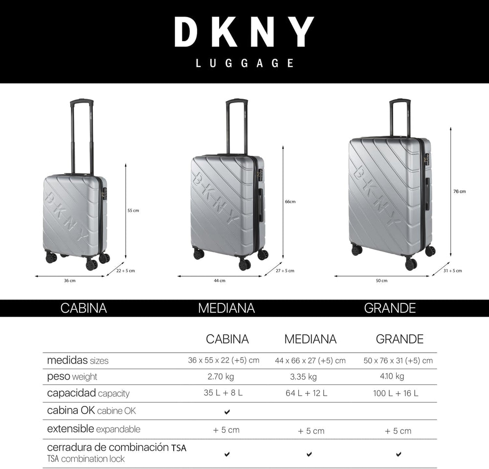 DKNY - Valiză mare cu 4 roți valiză mare ușoară - Valiză de călătorie cu roți mare. Valiză de călătorie mare pentru avioane Valiză hard shell cu închidere certificată - Valiză troler mare, argintie Bagaje și echipament de călătorie Naty Shop