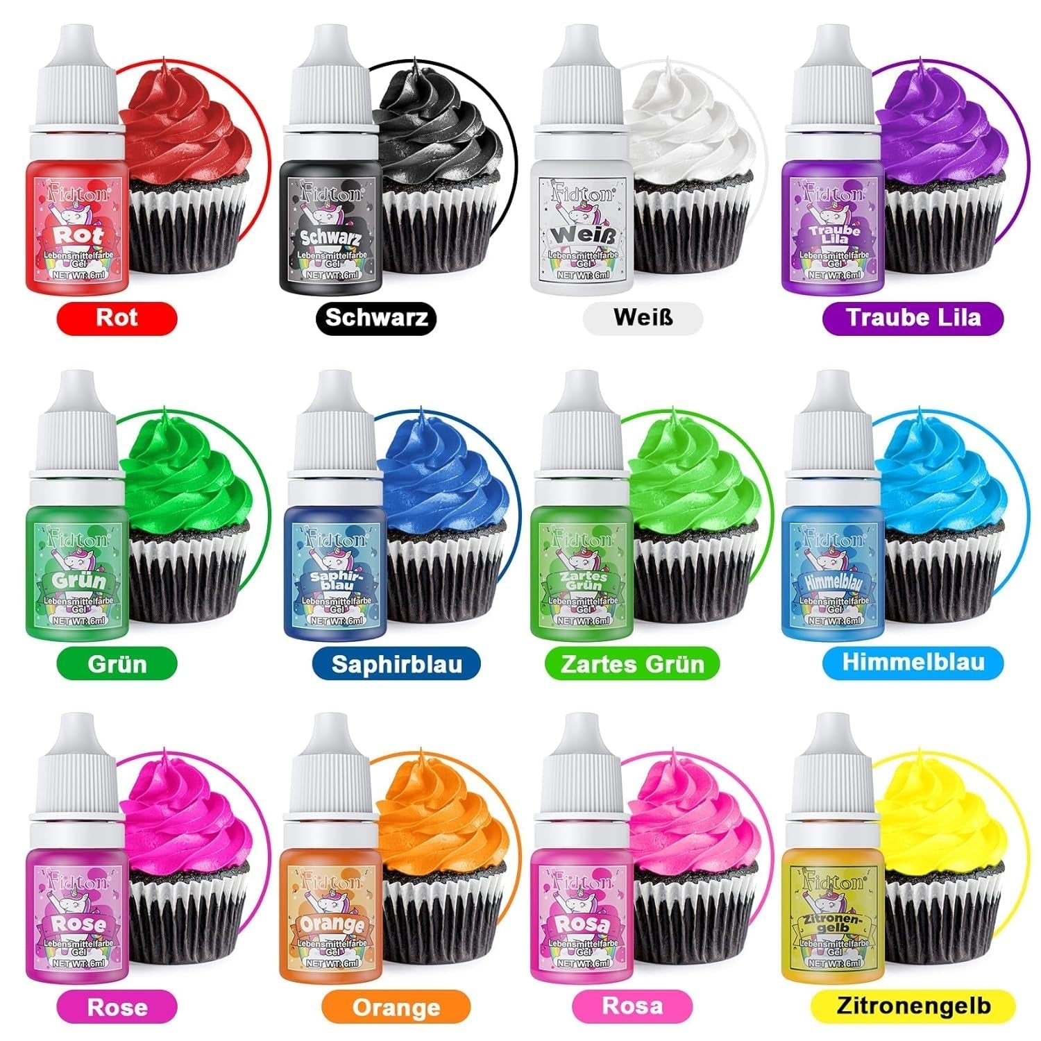Lebensmittelfarbe Gel - Fidton 12 Farben Hochkonzentrierte Lebensmittelfarben, Food Coloring Set Für Lebensmittel Farben, Fondant, Essbare Tortendeko, Eier Färben, Backen, Glasur, Makronen - 6 Ml Naty Shop