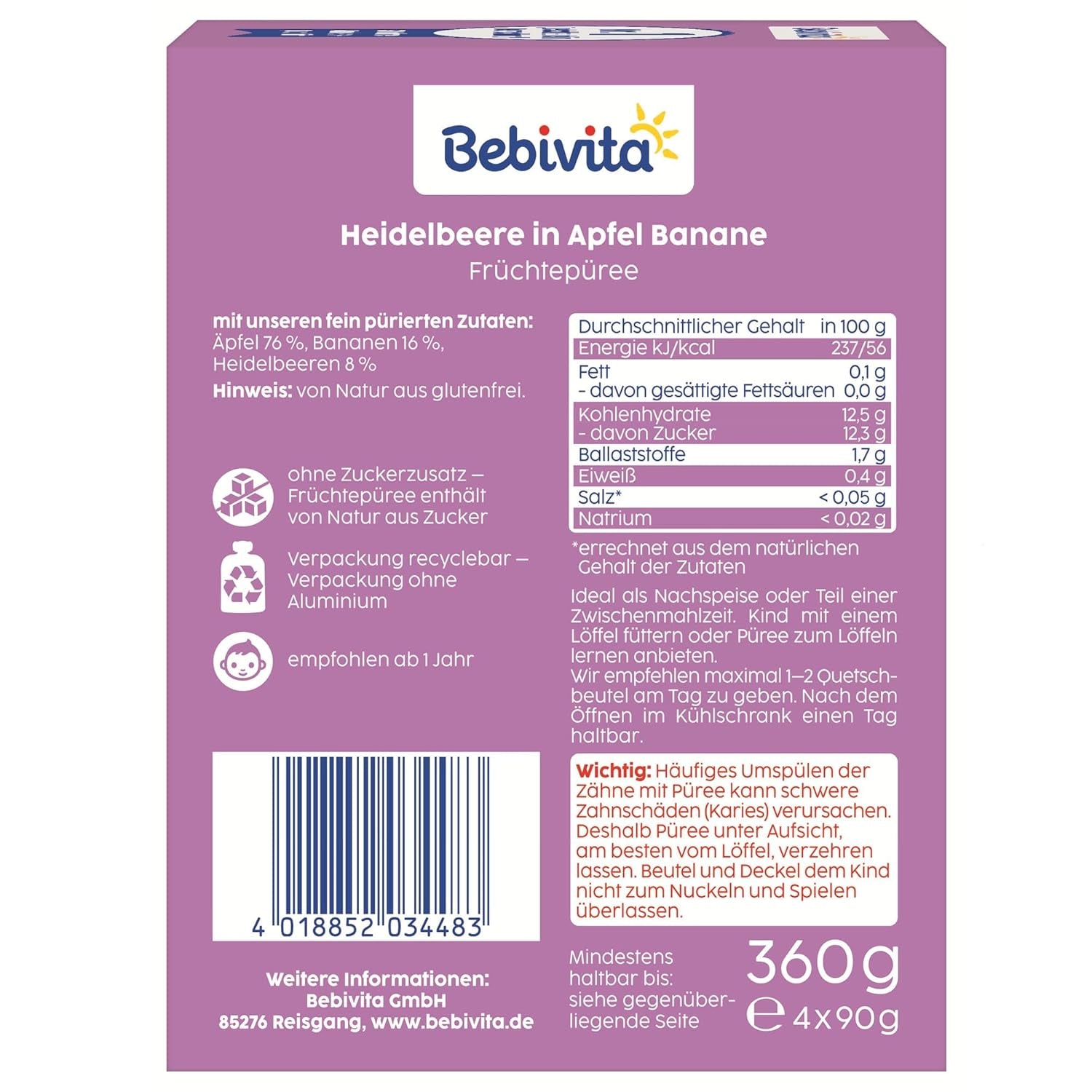 Buste comprimibili per mirtilli, mele e banane - 16 (4 confezioni, 4 x 90 g ciascuna), senza zuccheri aggiunti, senza glutine, ideali per takeaway e snack da viaggio