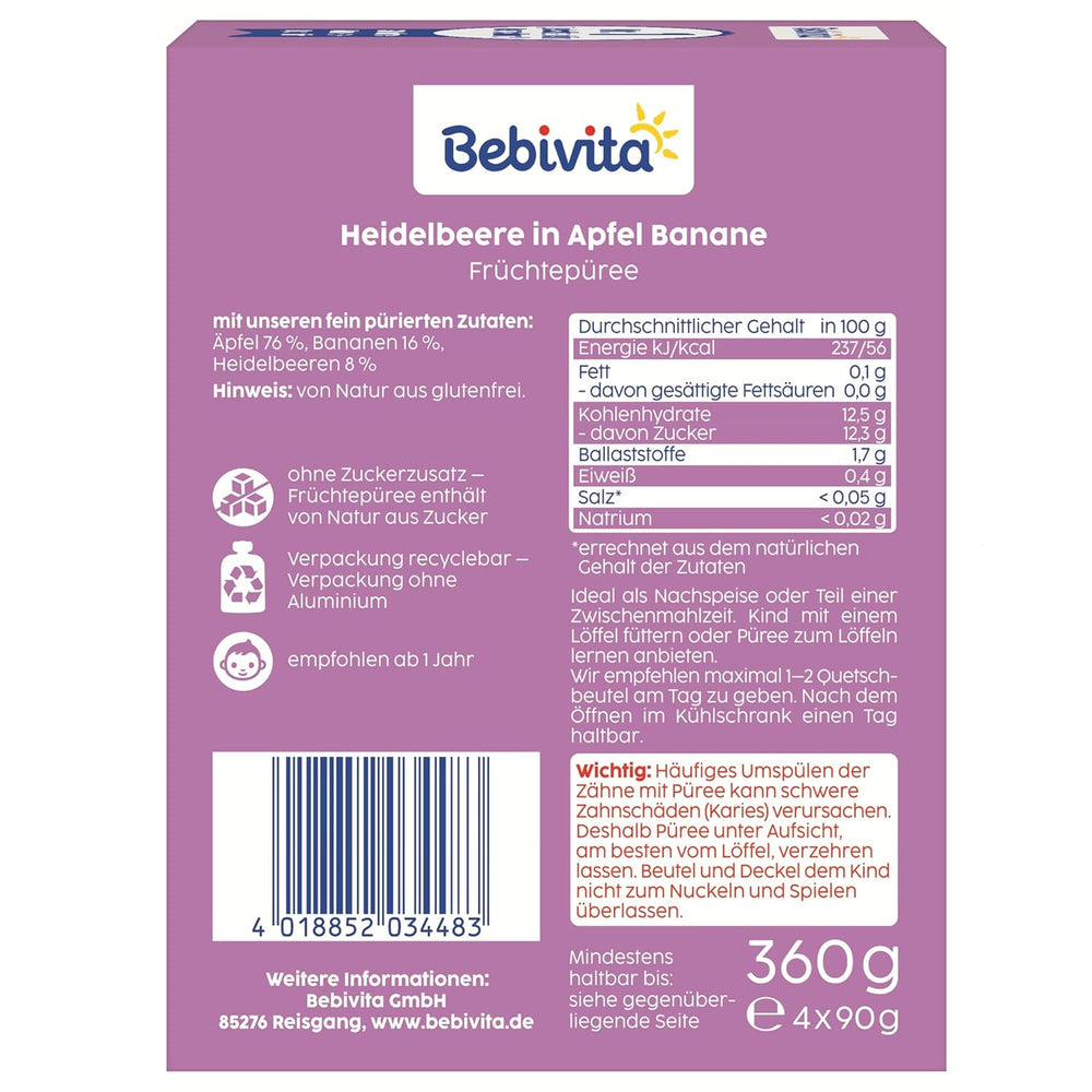 Buste comprimibili per mirtilli, mele e banane - 16 (4 confezioni, 4 x 90 g ciascuna), senza zuccheri aggiunti, senza glutine, ideali per takeaway e snack da viaggio