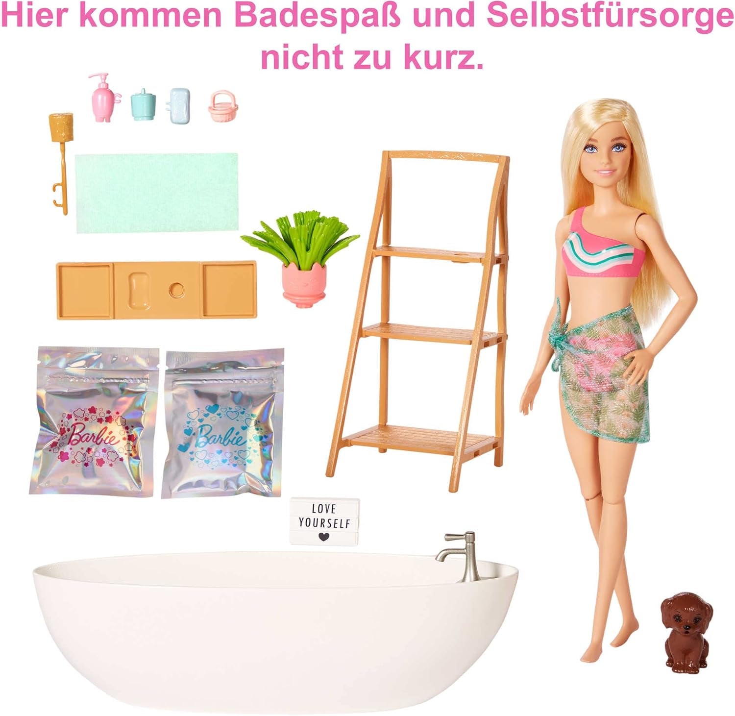 Barbie Self-Care Series, Confetti Bath, păpușă Barbie cu păr blond, costum de baie, cățeluș, 2 pachete de săpun Confetti, accesorii Barbie, 1X păpușă Barbie inclusă, potrivită ca un cadou, Hkt92 Papusi Naty Shop