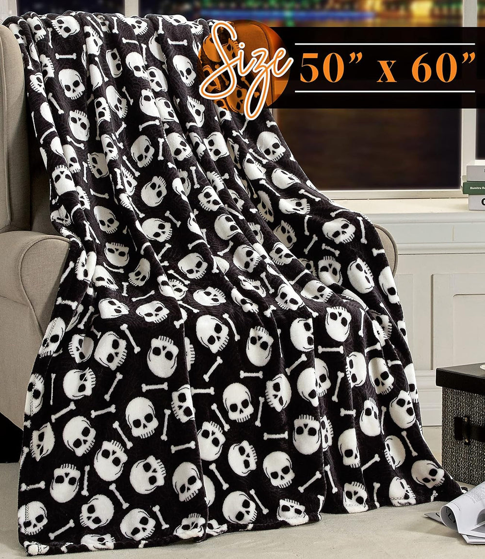 Coperta a tema Halloween leggera, elegante e confortevole, morbida, accogliente e felpata, perfetta per rilassarsi in questa stagione spettrale, 127 x 152,4 cm, letti e trapunte eleganti con teschio e ossa